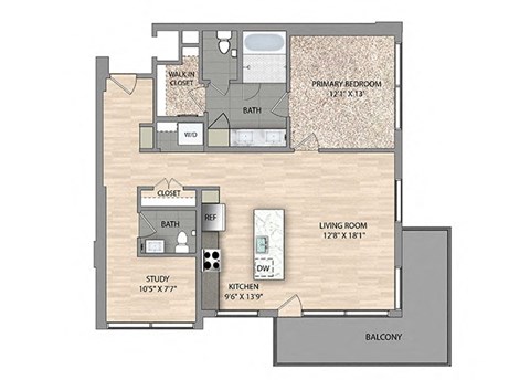 Floor plan for 1 bed, 1.5 baths, 1104 sqft